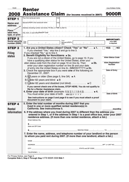 Fillable California Form 9000r - Renter Assistance Claim - 2008 Printable pdf