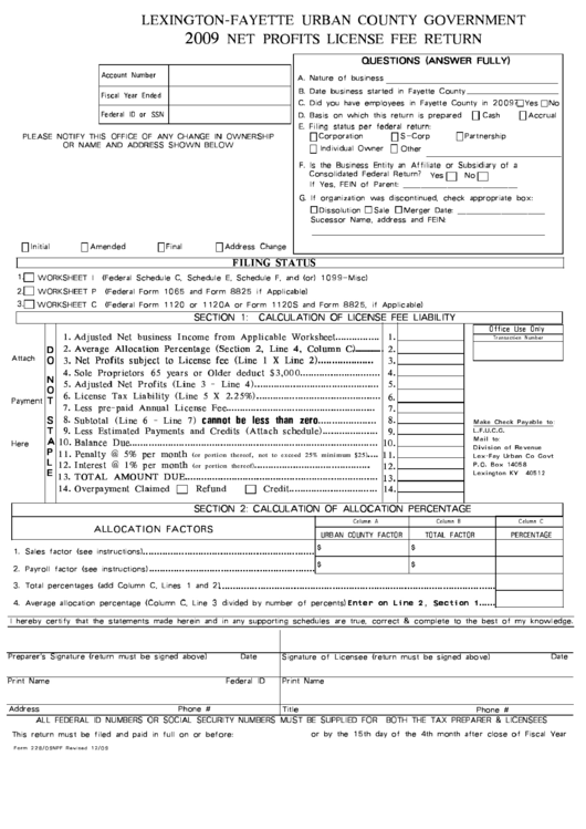 Form 22b/09npf - Net Profits License Fee Return - Lexington-Fayette Urban County Government - 2009 Printable pdf
