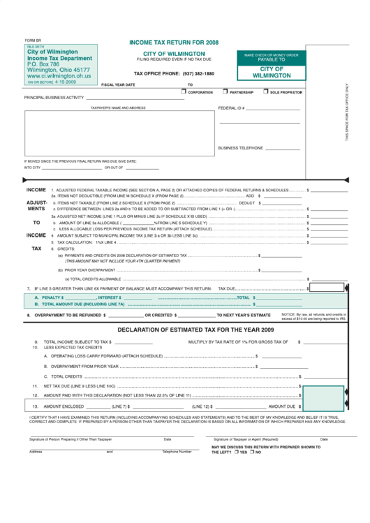 Form Br - Income Tax Return For 2008 - City Of Wilmington Printable pdf