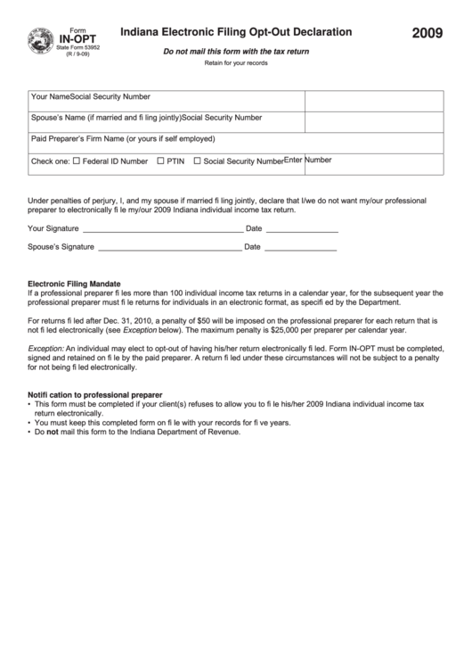 Fillable Form In-Opt - Indiana Electronic Filing Opt-Out Declaration - 2009 Printable pdf