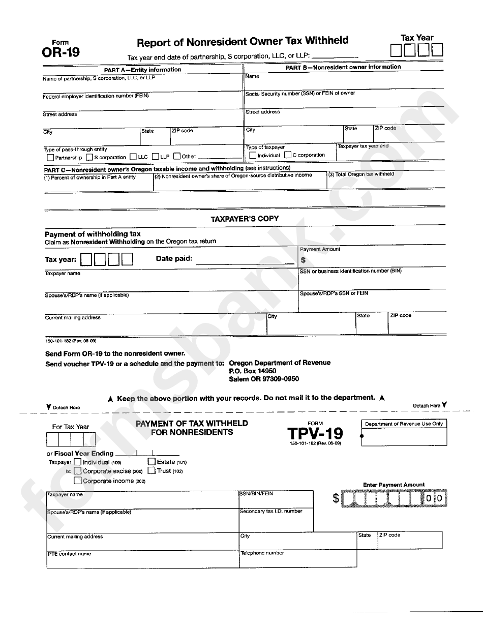 Form Or-19 - Report Of Nonresident Owner Tax Withheld/form Tvp-19 - Payment Of Tax Withheld For Nonresidents
