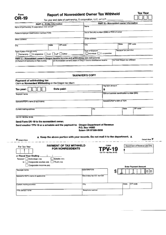 Form Or-19 - Report Of Nonresident Owner Tax Withheld/form Tvp-19 - Payment Of Tax Withheld For Nonresidents Printable pdf