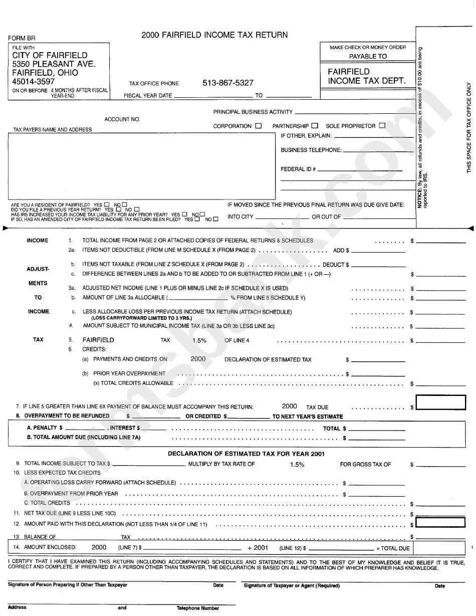 Form Br - Fairfield Income Tax Return - City Of Fairfield - 2000