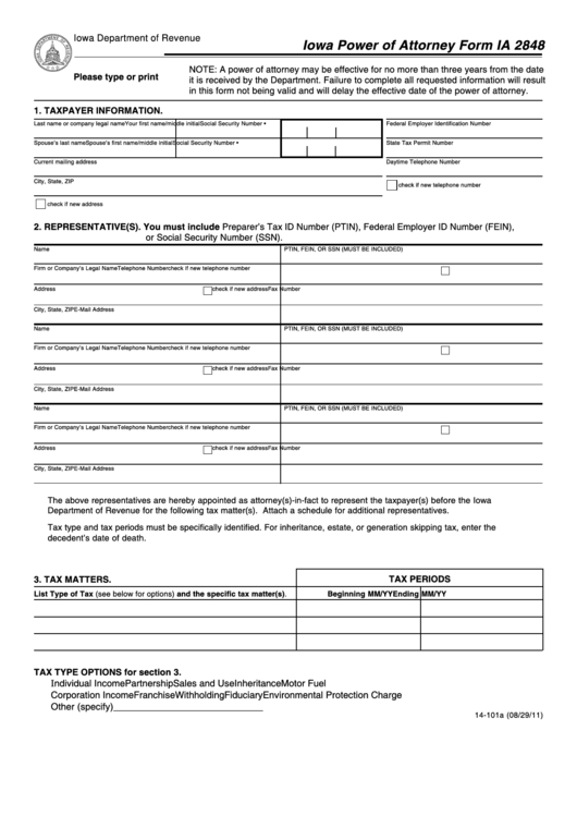 Form Ia 2848 - Iowa Power Of Attorney Form Printable pdf