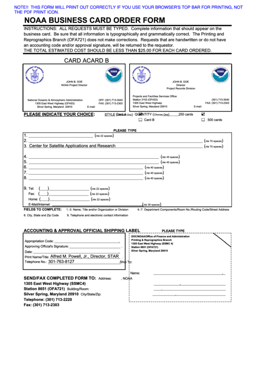 Fillable Noaa Business Card Order Form Printable pdf