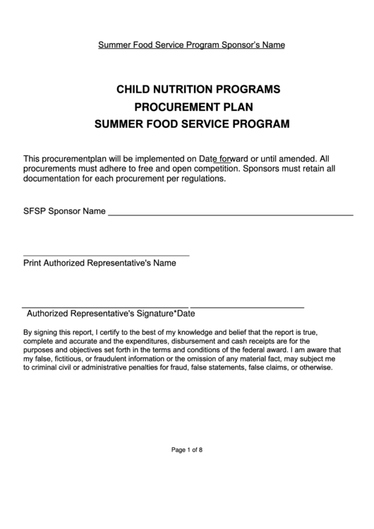 Procurement Plan For Summer Food Service Program Printable pdf