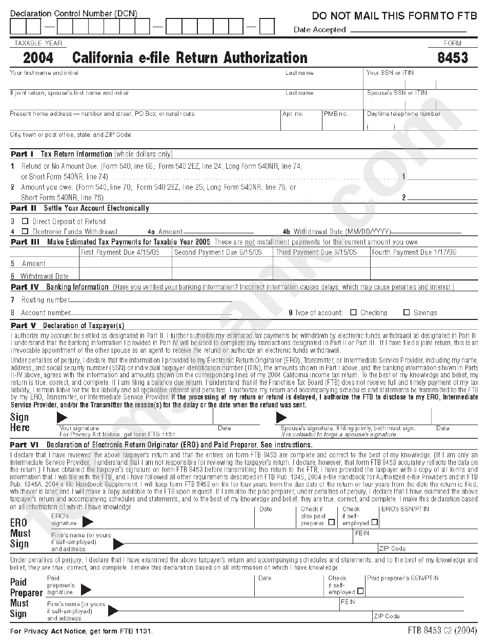 Form 8453 - California E-File Return Authorization - 2004