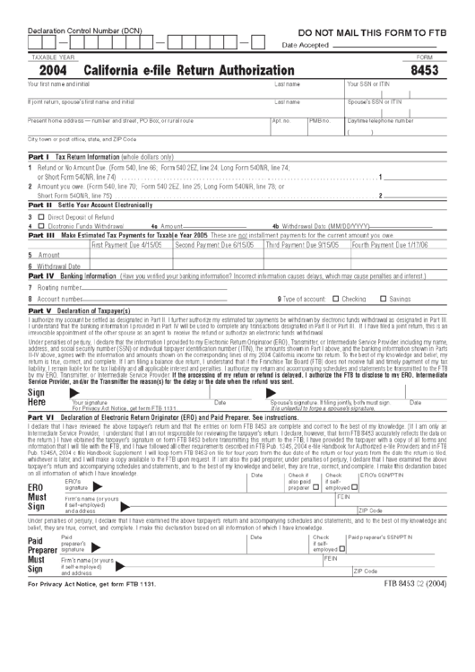 Form 8453 - California E-File Return Authorization - 2004 Printable pdf