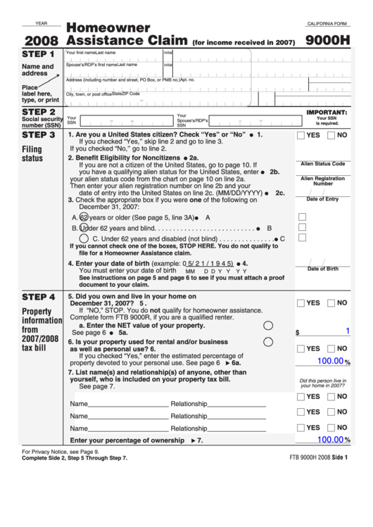 Fillable California Form 9000h - Homeowner Assistance Claim - 2008 Printable pdf