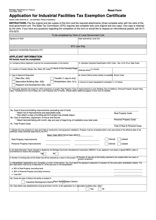 Fillable Form 1012 - Application For Industrial Facilities Tax Exemption Certificate Printable pdf