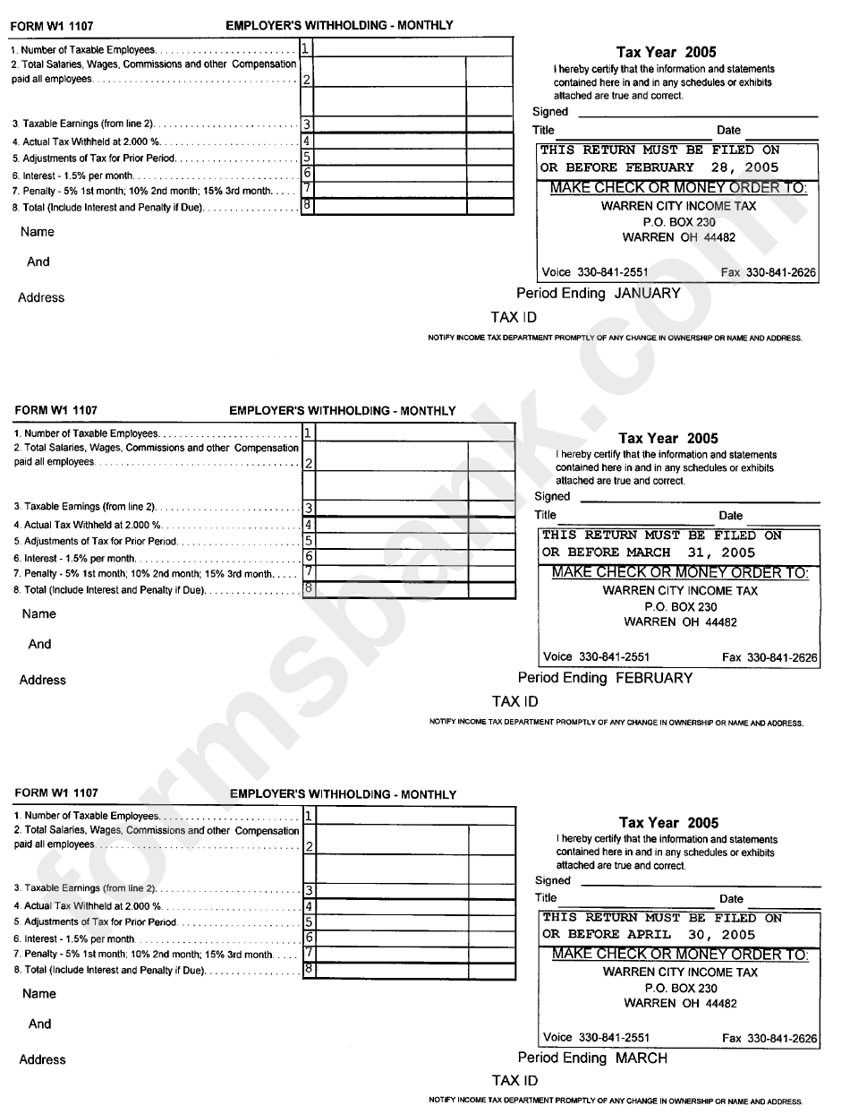 Form W1 1107 - Monthly Employer