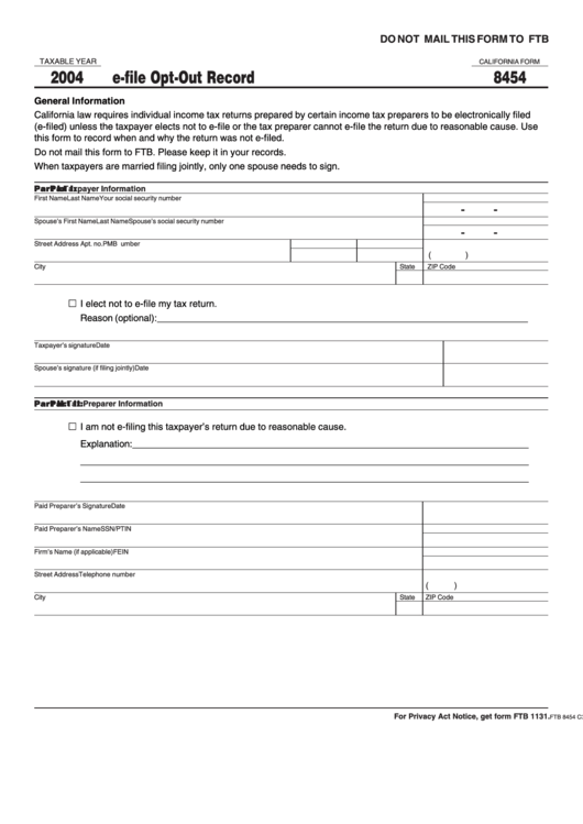 California Form 8454 - E-File Opt-Out Record - 2004 Printable pdf