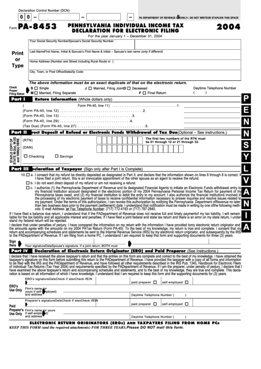 Form Pa-8453 - Pennsylvania Individual Income Tax Declaration For Electronic Filing - 2004 Printable pdf
