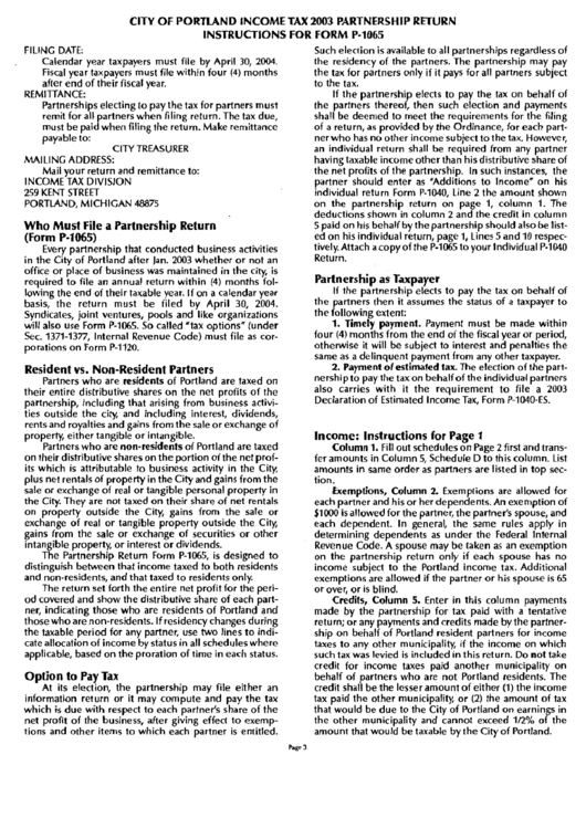 Instructions For Form P-1065 - Income Tax Partnership Return - City Of Portland - 2003 Printable pdf
