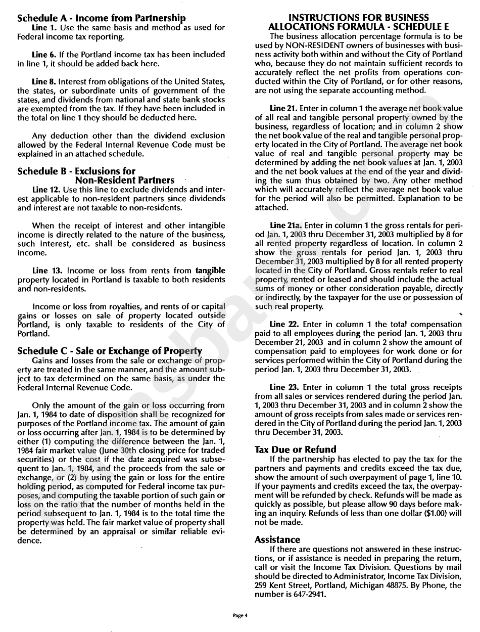 Instructions For Form P-1065 - Income Tax Partnership Return - City Of Portland - 2003