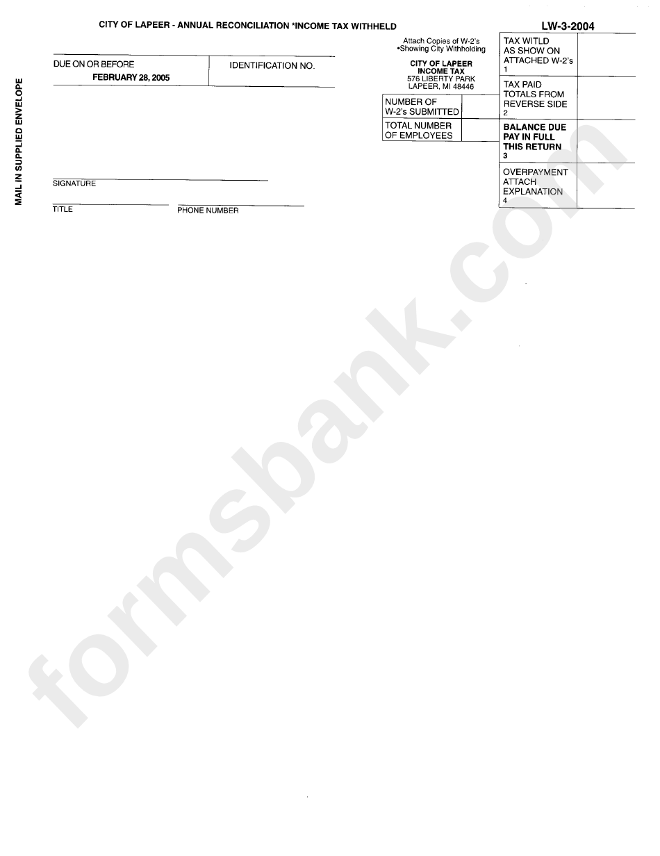 Form Lw-3-2004 - Annual Reconciliation Income Tax Withheld - City Of Lapeer