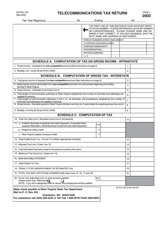 Form Wv/tel-501 - Telecommunications Tax Return - 2003 Printable pdf