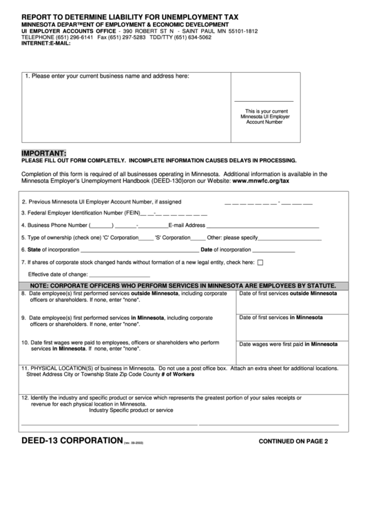Form Deed-13 - Report To Determine Liability For Unemployment Tax - Corporation - 2003 Printable pdf