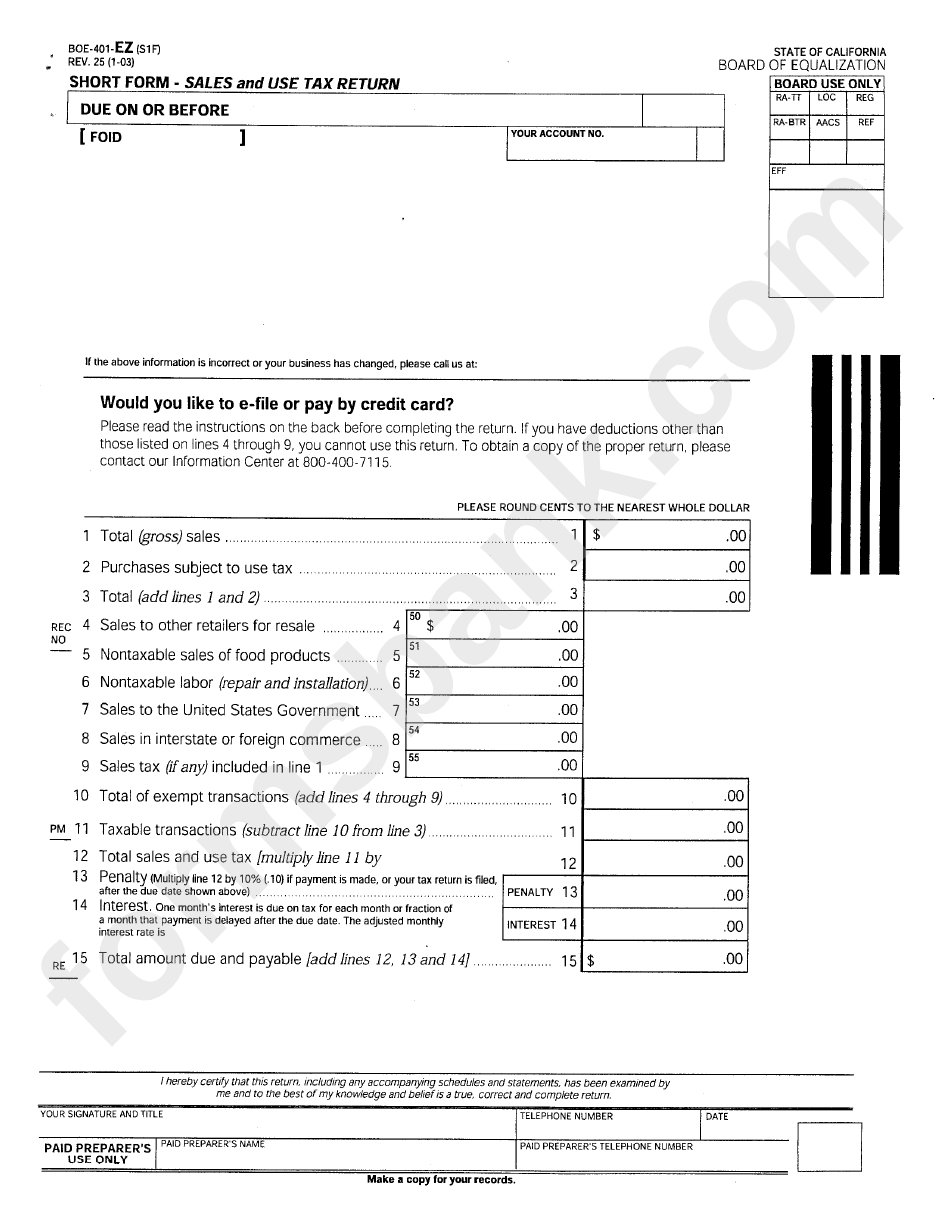 Form Boe-401-Ez - Sales And Use Tax Return