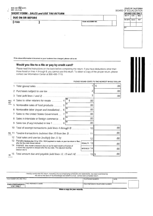 Form Boe-401-Ez - Sales And Use Tax Return Printable pdf