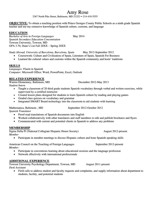 Sample Resume Foreign Languages Template Printable pdf