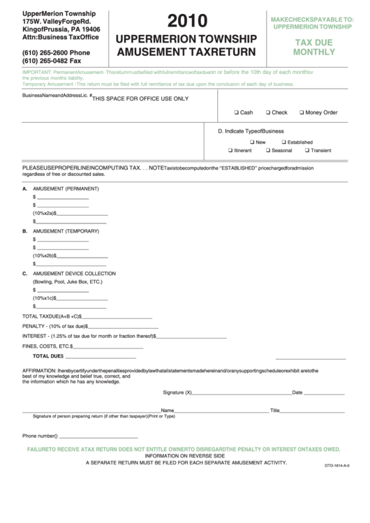 Amusement Tax Return - Upper Merion Township - 2010 Printable pdf