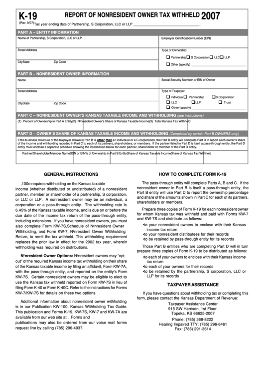 Form K-19 - Report Of Nonresident Owner Tax Withheld - 2007 Printable pdf