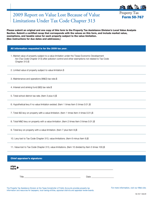 Fillable Form 50-767 - Report On Value Lost Because Of Value Limitations - 2009 Printable pdf