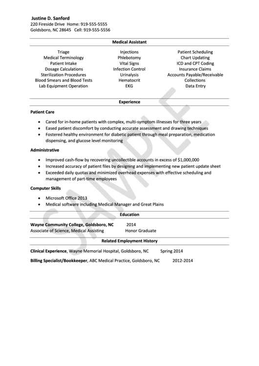 Sample Medical Assistant Resume Template Printable pdf