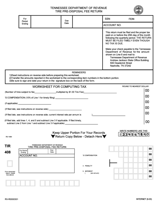 Form Tir 408 - Tire Pre-Disposal Fee Return Printable pdf