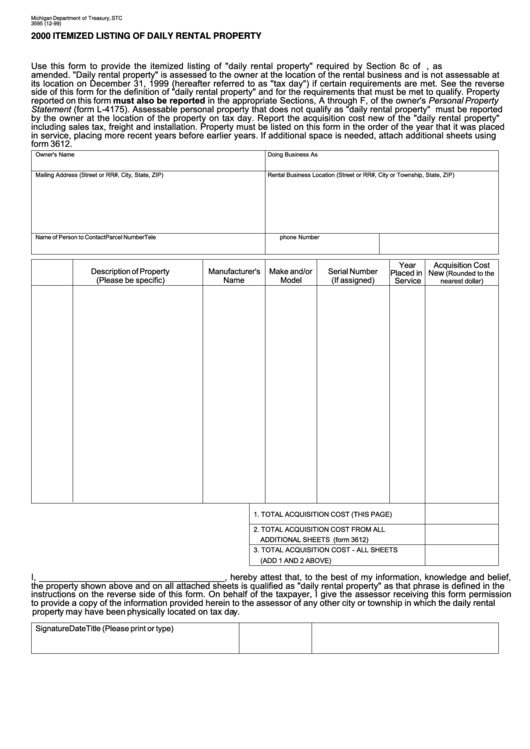 Form 3595 - Itemized Listing Of Daily Rental Property - 2000 Printable pdf