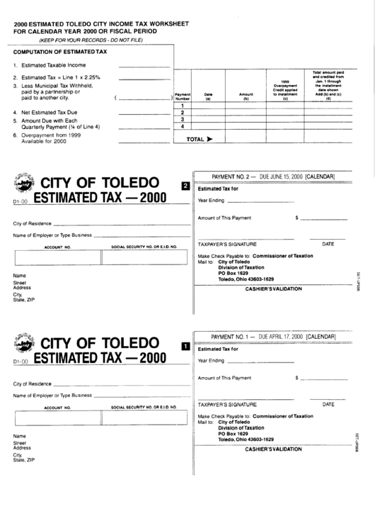 Form D1 - Estimated Toledo City Income Tax Worksheet For Calendar Year 2000 Or Fiscal Period Printable pdf