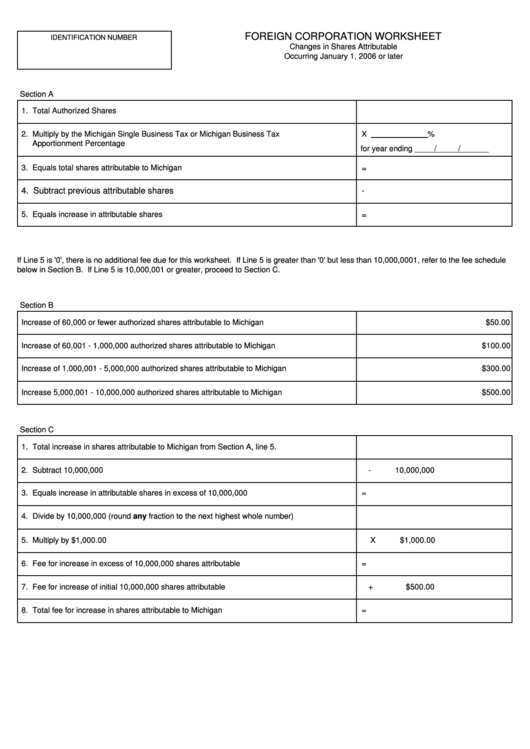 Fillable Foreign Corporation Worksheet - Michigan Corporations Division - 2014 Printable pdf