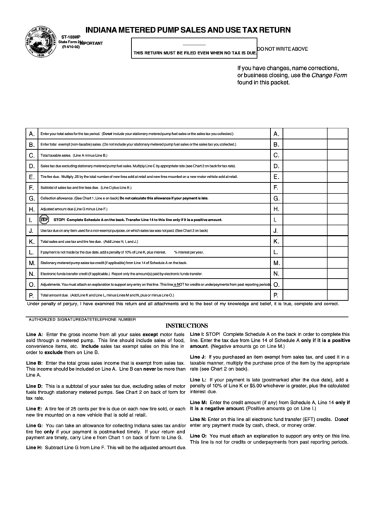 State Form 211 - Indiana Metered Pump Sales And Use Tax Return Printable pdf