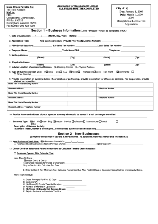 Application For Occupational License - Birmingham Occupational License Department - 2009 Printable pdf
