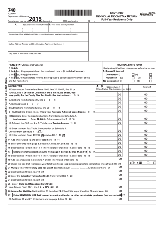 Fillable Form 740 - Kentucky Individual Income Tax Return Full-Year Residents Only - 2015 Printable pdf
