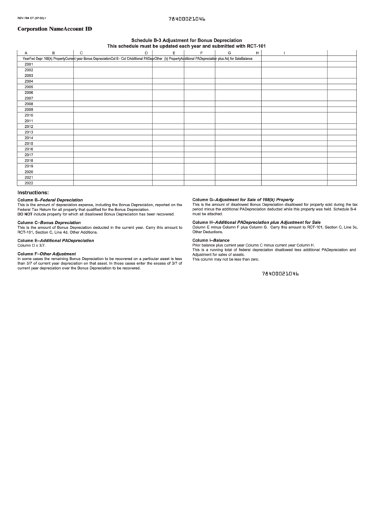 Schedule B-3 (Form Rev-784 Ct) - Adjustment For Bonus Depreciation Printable pdf
