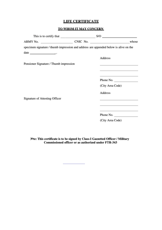 Life Certificate Printable pdf