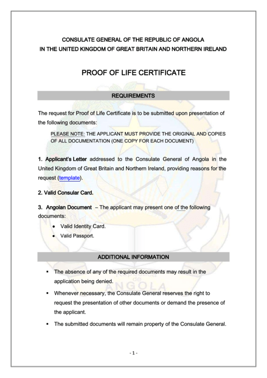 Proof Of Life Certificate Requirements - Consulate General Of The Republic Of Angola In The United Kingdom Of Great Britain And Northern Ireland Printable pdf