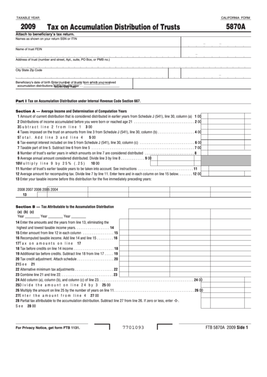 Fillable California Form 5870a - Tax On Accumulation Distribution Of Trusts - 2009 Printable pdf