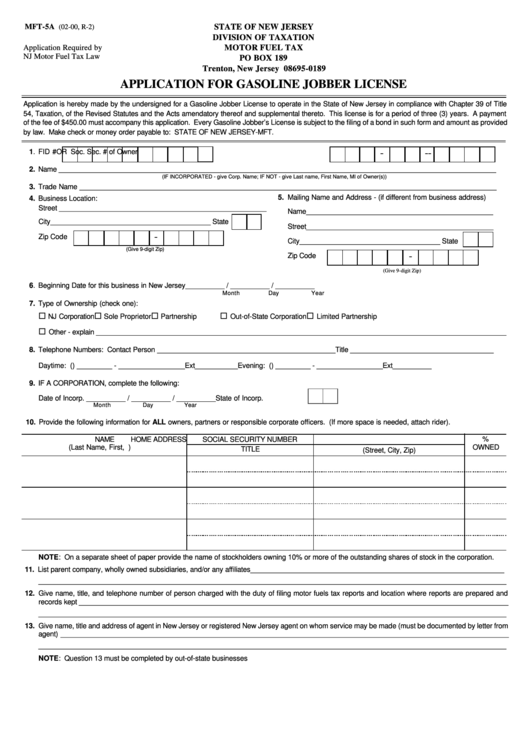 Fillable Form Mft-5a - Application For Gasoline Jobber License Printable pdf