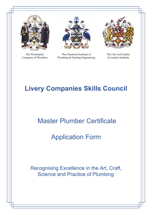 Master Plumber Certificate Application Form - Livery Companies Skills Council Printable pdf