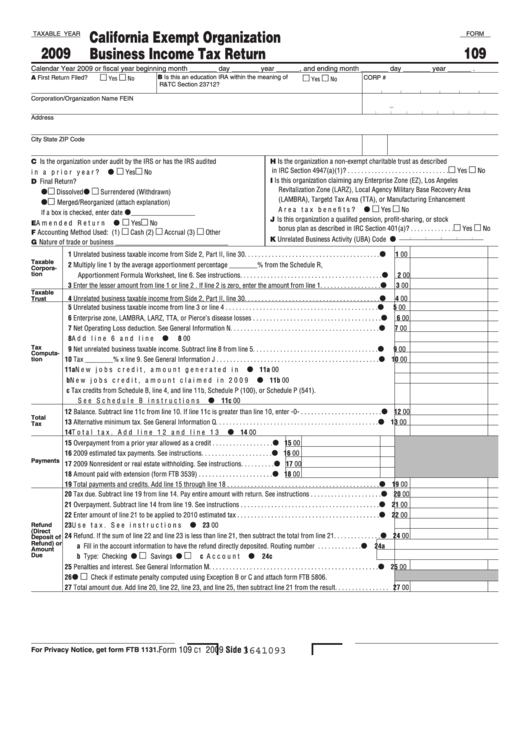 Fillable Form 109 - California Exempt Organization Business Income Tax Return - 2009 Printable pdf