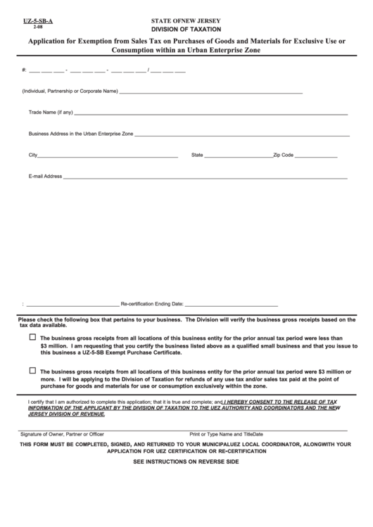 Fillable Form Uz-5-Sb-A - Application For Exemption From Sales Tax On Purchases Of Goods And Materials For Exclusive Use Or Consumption Within An Urban Enterprise Zone Printable pdf