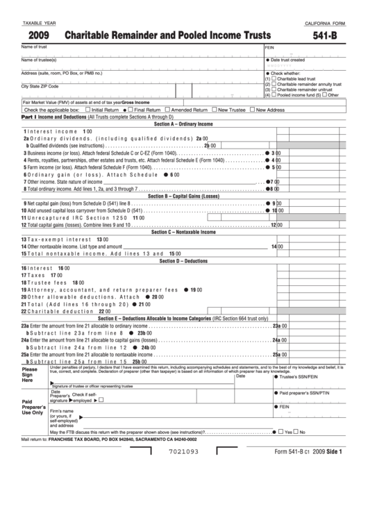 Fillable California Form 541-B - Charitable Remainder And Pooled Income Trusts - 2009 Printable pdf
