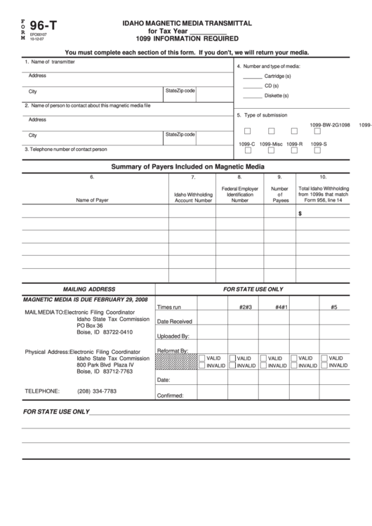 Form 96-T - Idaho Magnetic Media Transmittal Printable pdf