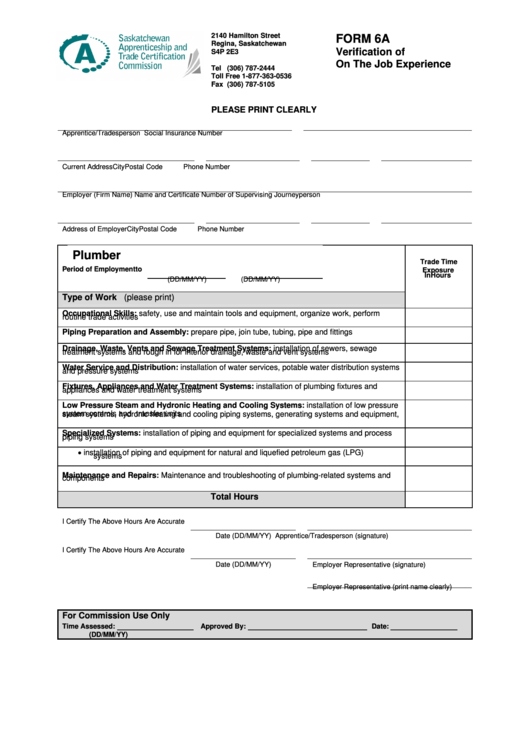 Fillable Form 6a - Verification Of On The Job Experience Printable pdf