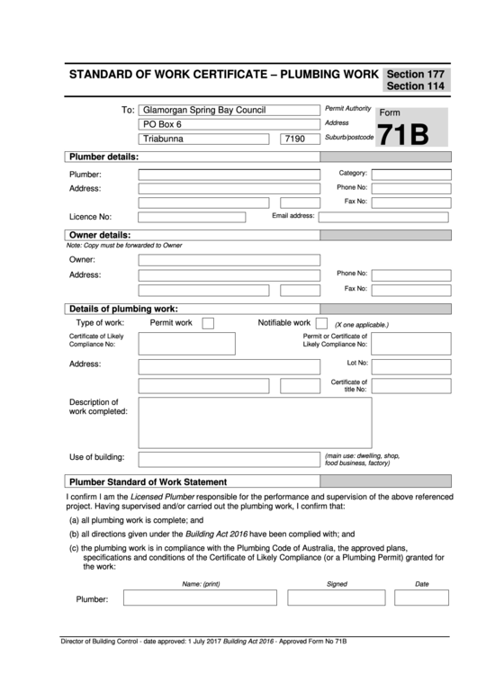 Form 71b - Standard Of Work Certificate - Plumbing Work Printable pdf