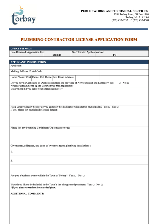Plumbing Contractor License Application Form - City Of Torbay Printable pdf