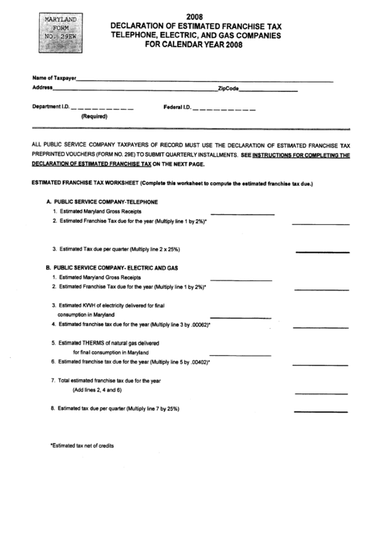 Maryland Form 29ew - Declaration Of Estimated Franchise Tax Telephone, Electric, And Gas Companies - 2008 Printable pdf
